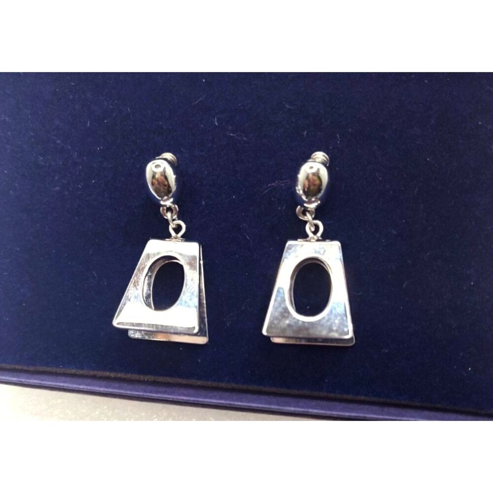 Monet Signed Silver Tone Geometric Dangle Earring Art Deco  Circle Cut Out